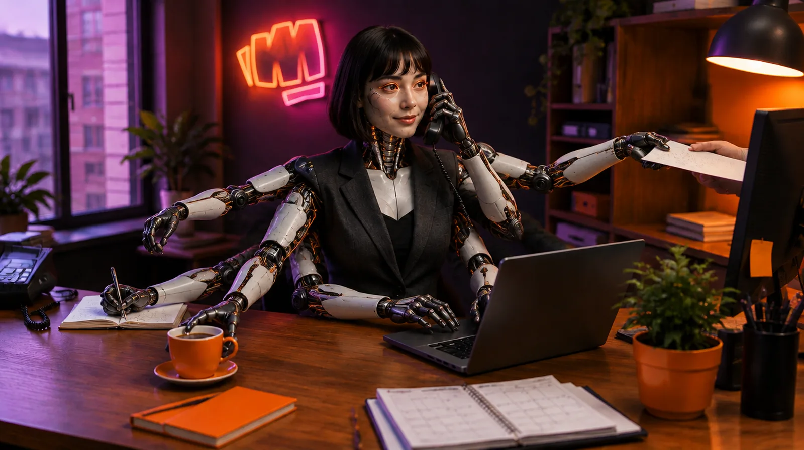 Een robotachtige assistente met zes armen achter een bureau, met een neon-beeldmerk van Make it Matter aan de muur: ze neemt de telefoon op, typt, schrijft een notitie, serveert koffie en neemt een document aan