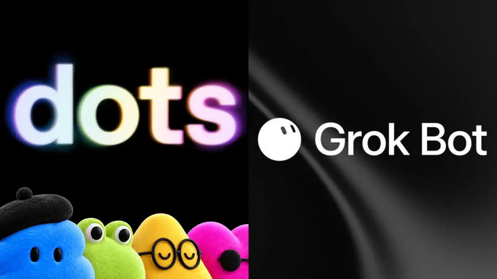 Links het dots-logo met kleurige figuurtjes, rechts het Grok Bot-logo op donkergrijs