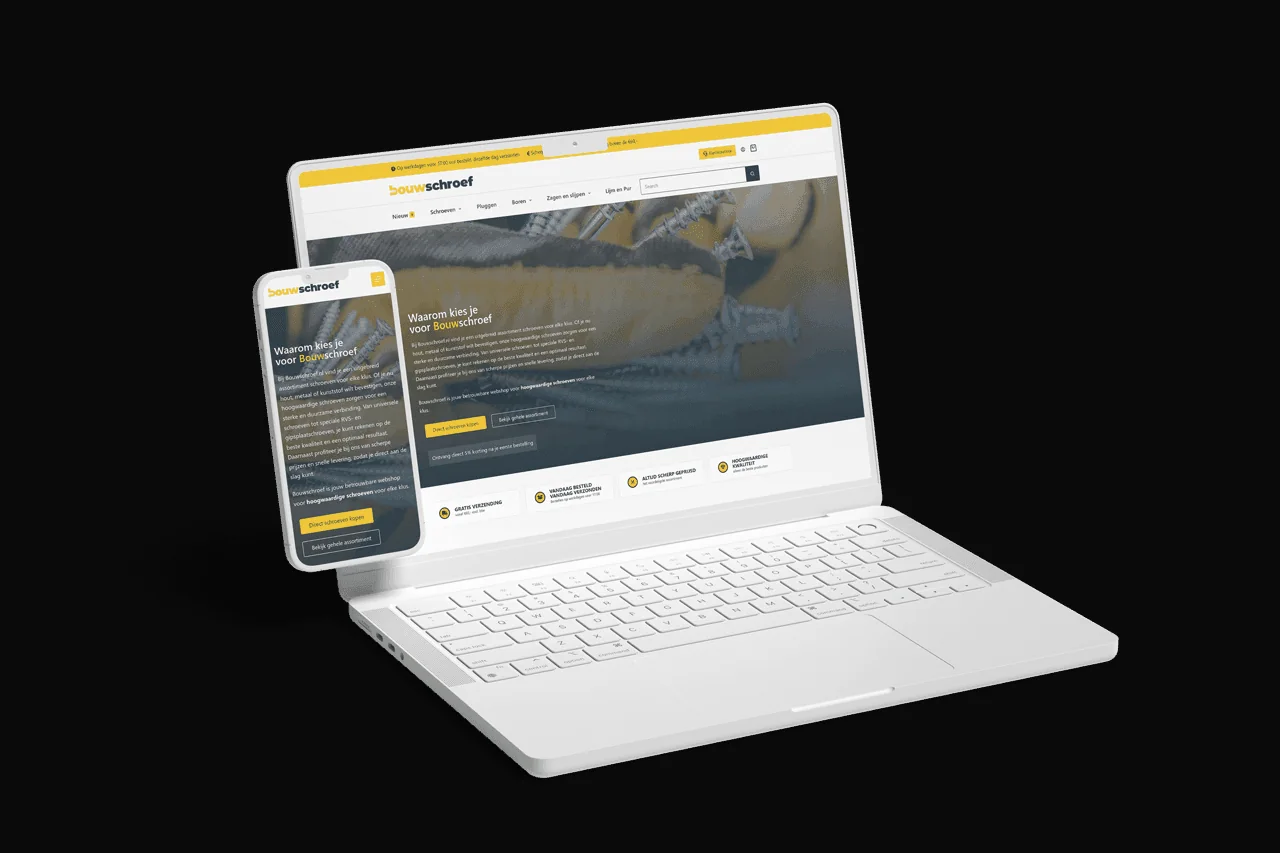 De webshop van Bouwschroef.nl op een laptop en een telefoon