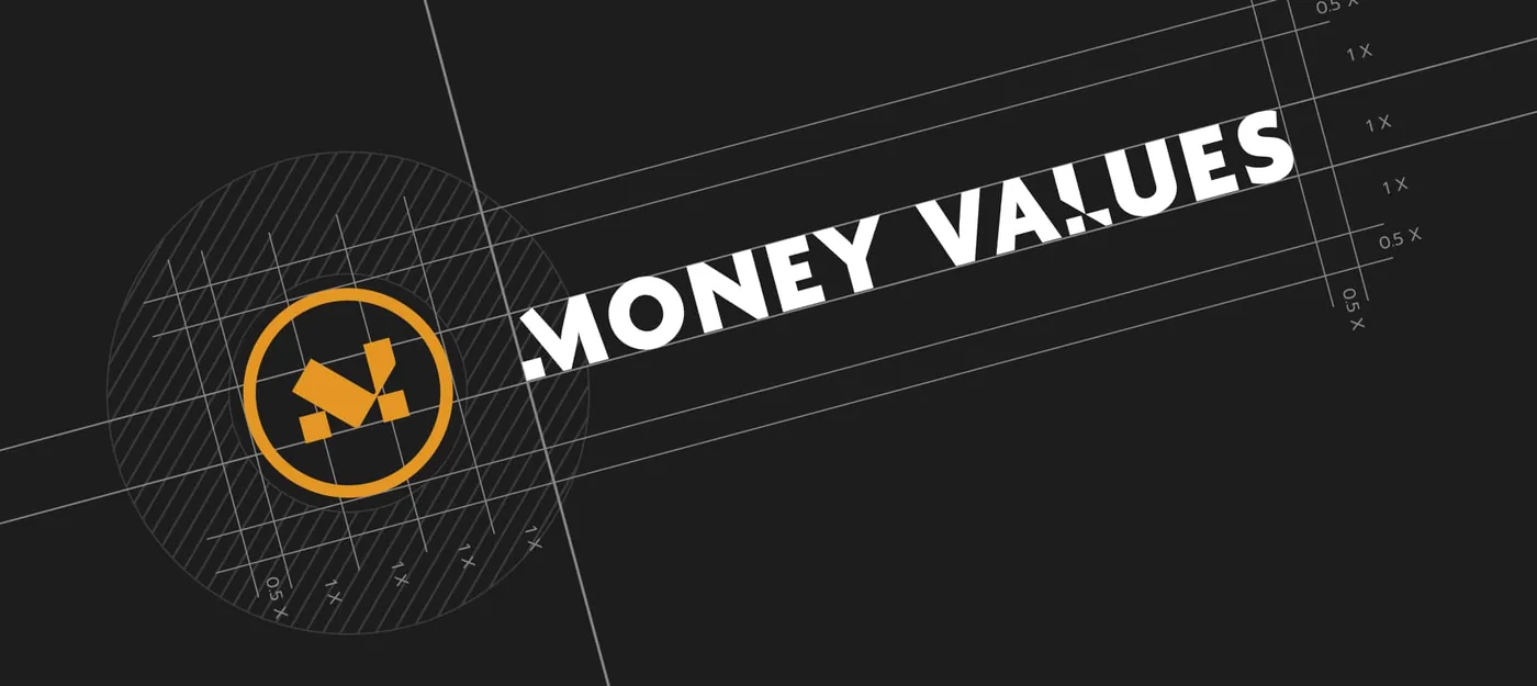 Het logo van MoneyValues met de constructielijnen van het ontwerp