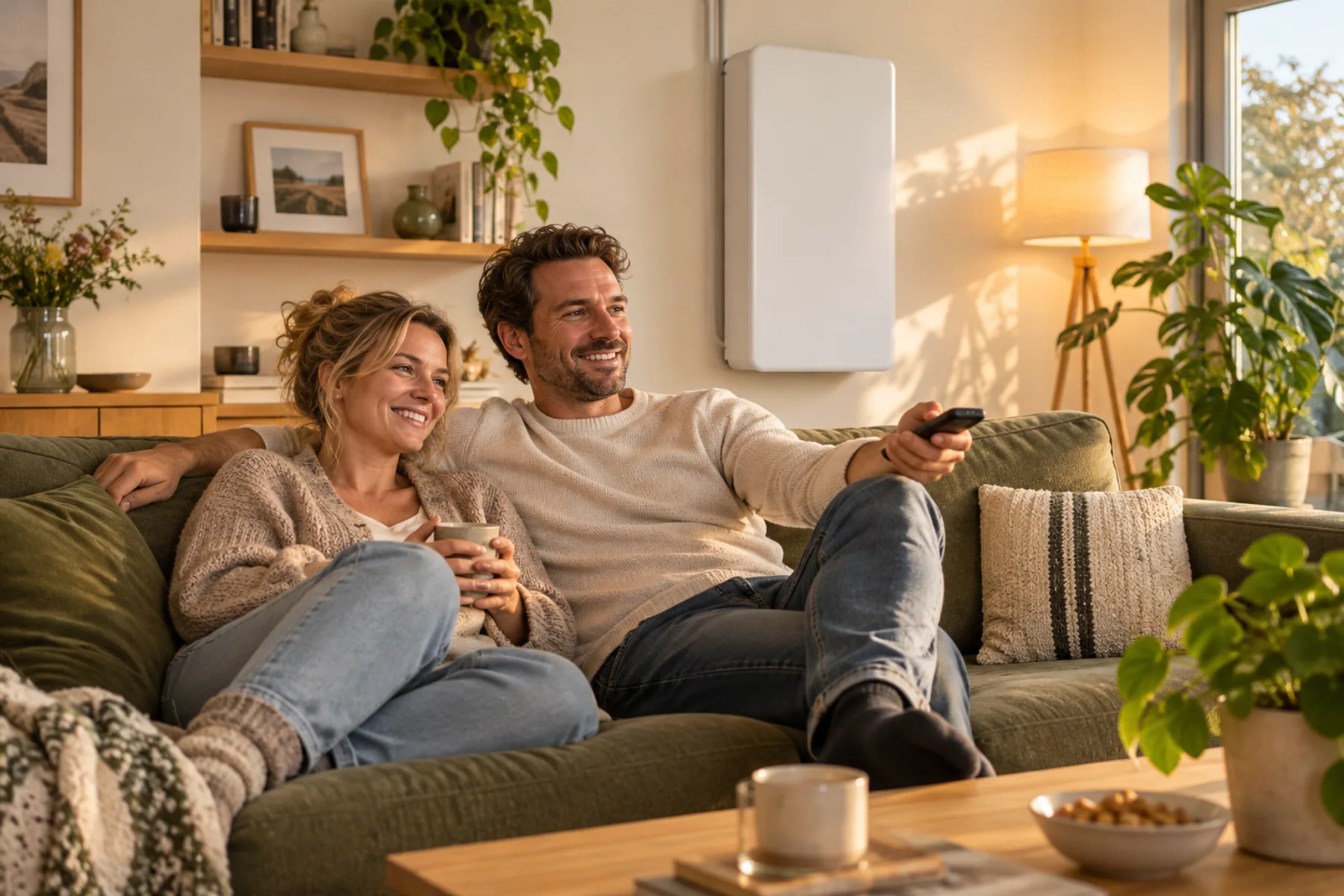 Een stel op de bank in de woonkamer, met de thuisbatterij aan de muur
